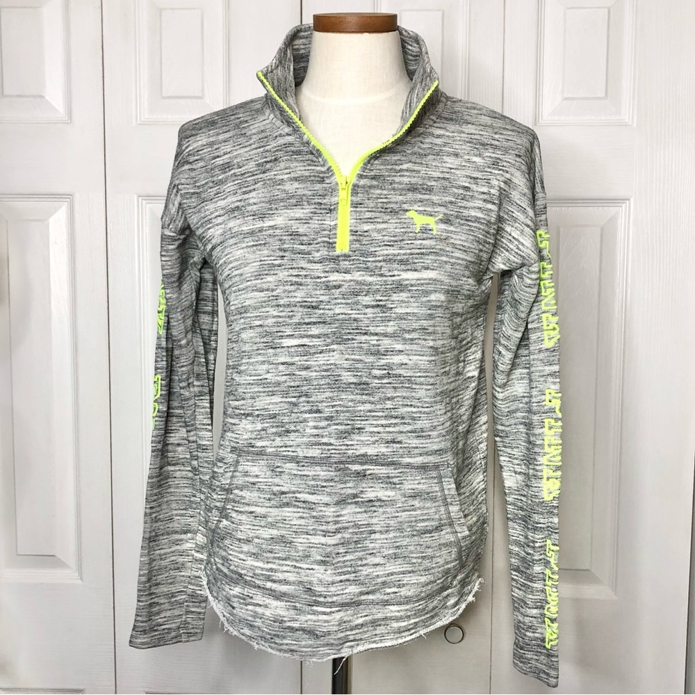 VS PINK 1/4 zip heathered gray pullover, neon green embroidered sleeves